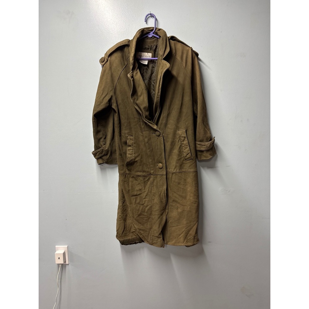 Charles Klein Vintage Olive Green Genuine Leather Trench Coat Duster Womens S